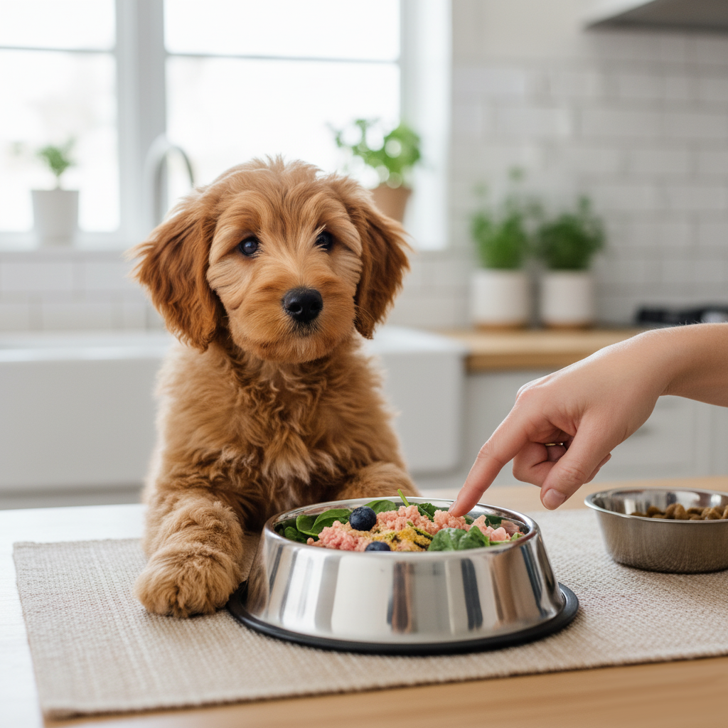 Puppy learning to eat raw food